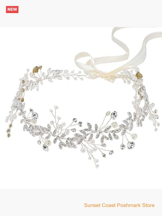 Crystal Bridal Headpiece Silver Wedding Headband Pearl Hair Vine Rhinestone main image 4